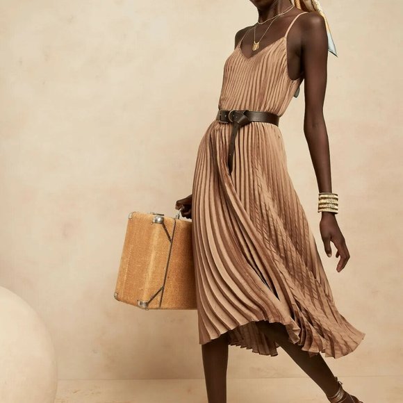 Banana Republic Dresses & Skirts - Banana Republic Satin Pleated Midi Dress - Sonoran Beige NWT